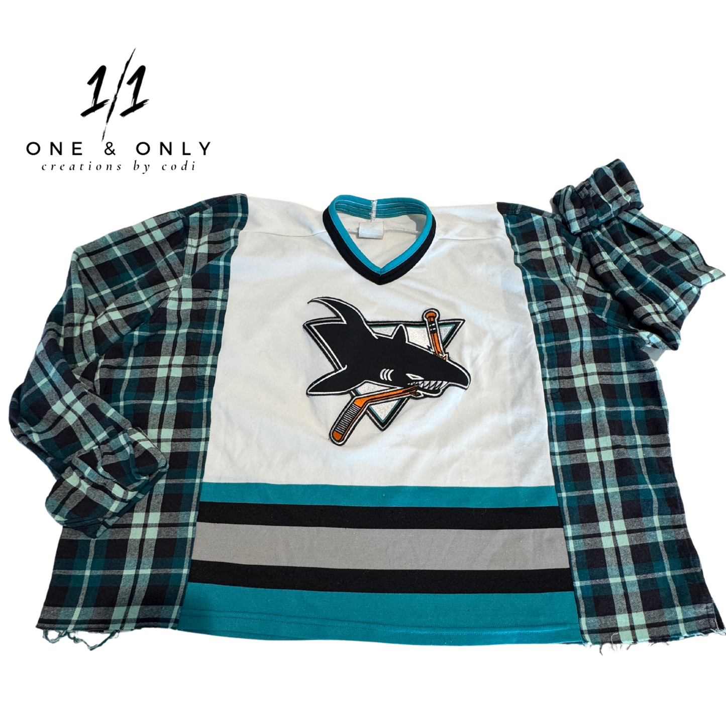 San Jose Sharks Flannel Sleeve Hockey Jersey - Size Medium