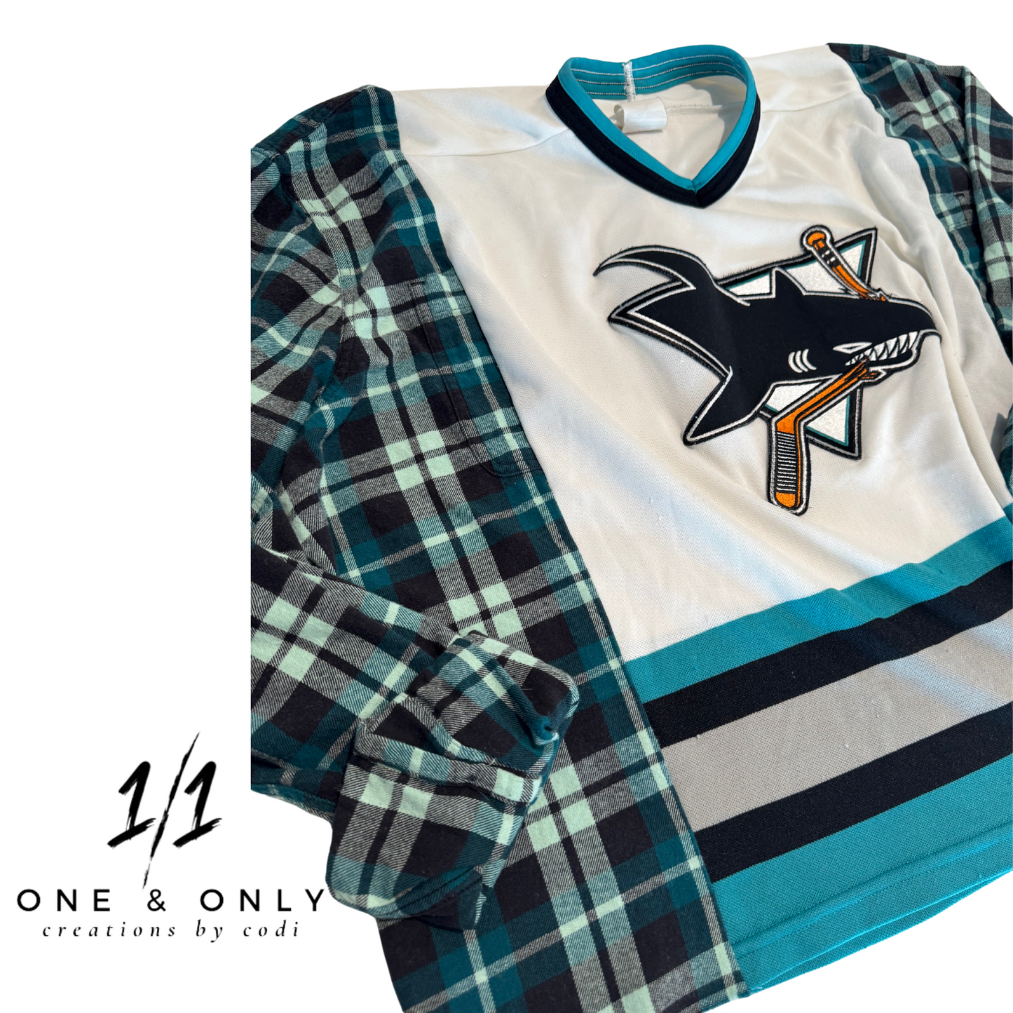San Jose Sharks Flannel Sleeve Hockey Jersey - Size Medium