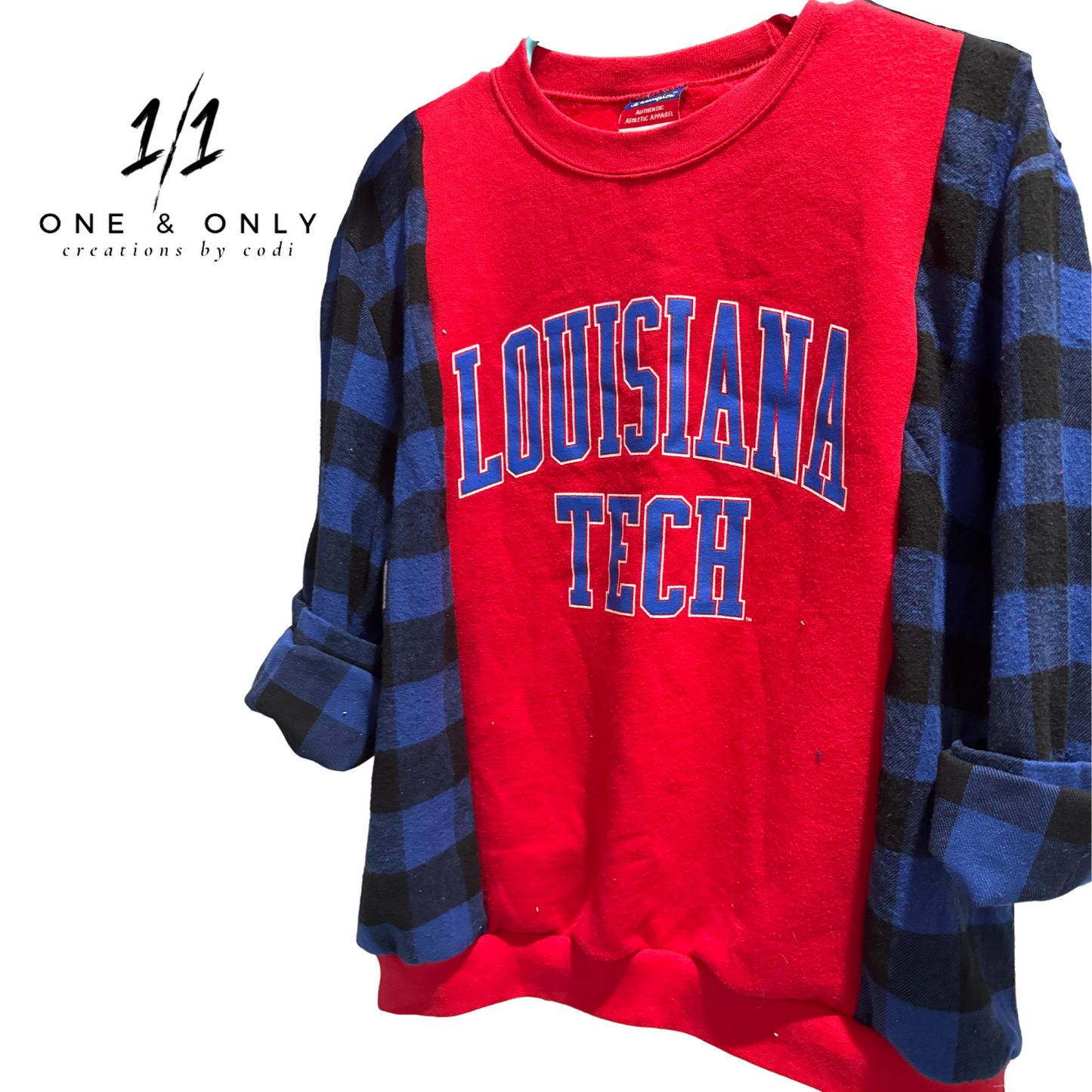 One-of-a-Kind Louisiana Tech Sweatshirt with Flannel Sleeves – Size Medium