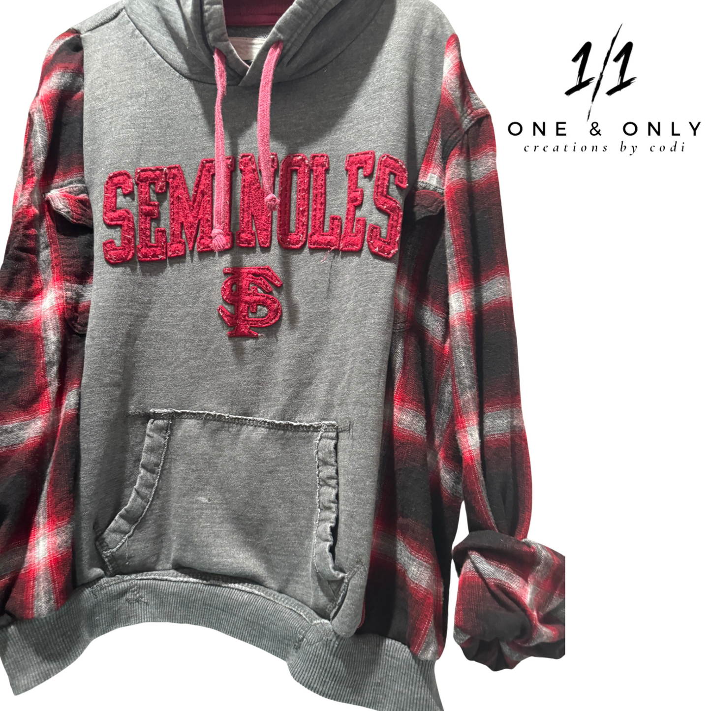 Upcycled FSU Seminoles Flannel Sleeve Mashup Hoodie - Size L, One of a Kind