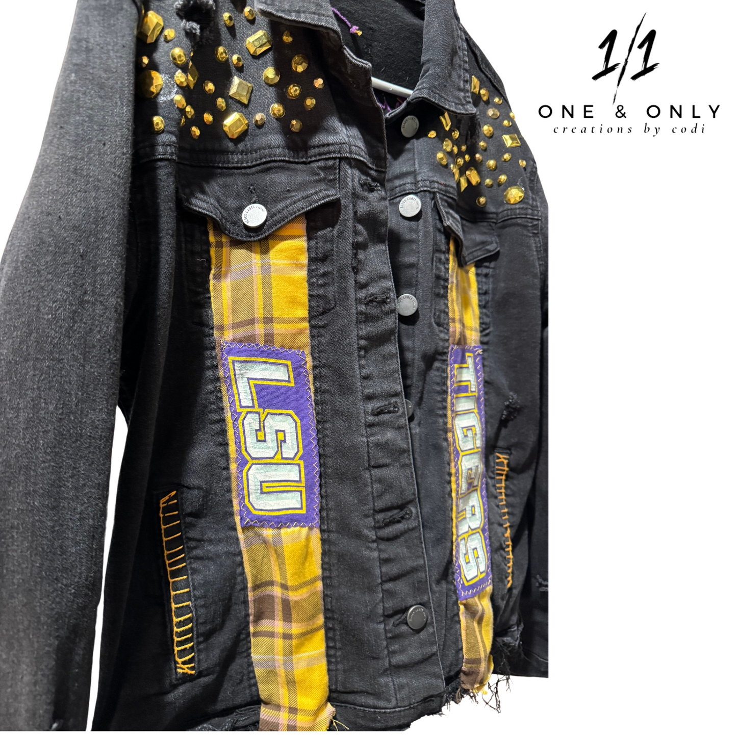 Custom LSU Gameday Black Denim Jacket - One of a Kind - Size Medium